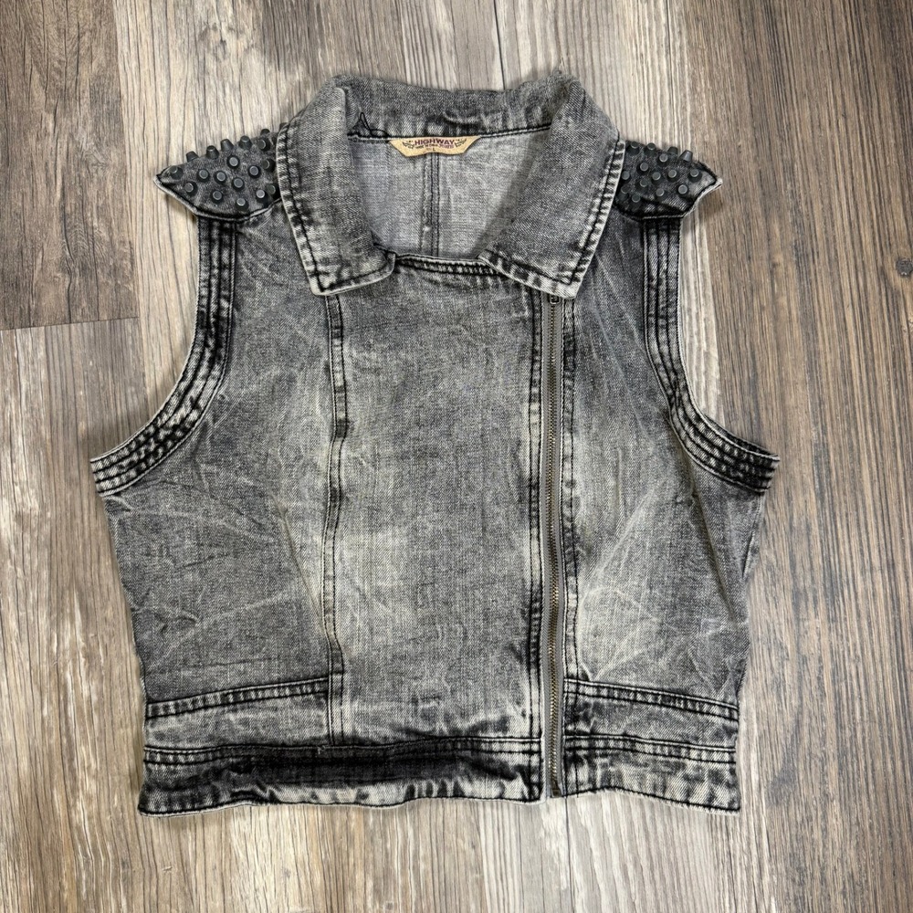 Highway Jeans Punk Biker Moto Gray Acid Wash Studded Denim Vest Asymmetrical Zip